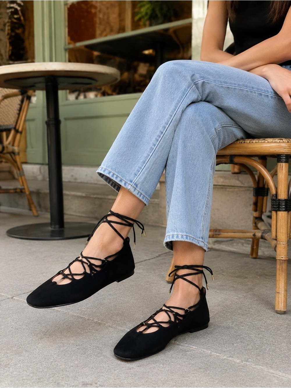 Madewell Black Lace-Up Ballet Flats with Ankle Ties